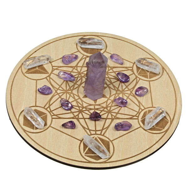 Mini Amethyst & Wooden Geometric Crystal Grid Set
