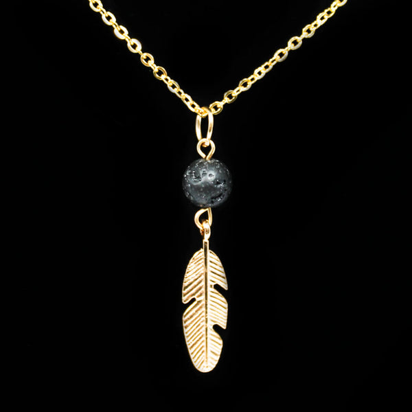 Black Lava Stone Diffuser Necklace & Feather - Gold Plated