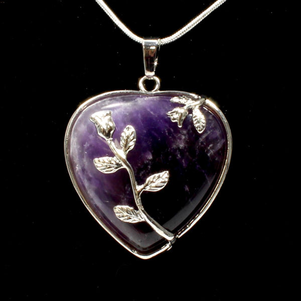 Amethyst Heart & Leaf Design Pendant With Chain