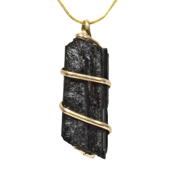 Black Tourmaline Rough Crystal Spiral Pendant with Chain