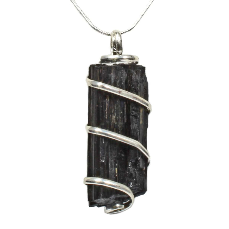 Black Tourmaline Rough Crystal Spiral Pendant with Chain