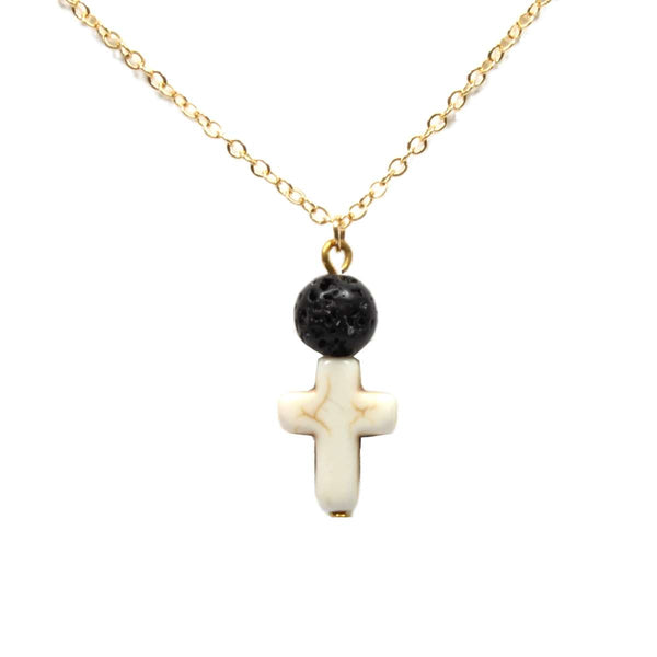 Black Lava Stone Essential Oil Diffuser Necklace & Cross - Gold