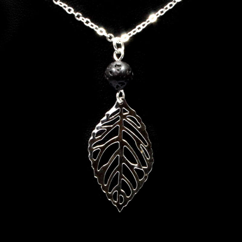 Black Lava Stone Essential Oil Diffuser Necklace & Leaf - Silver