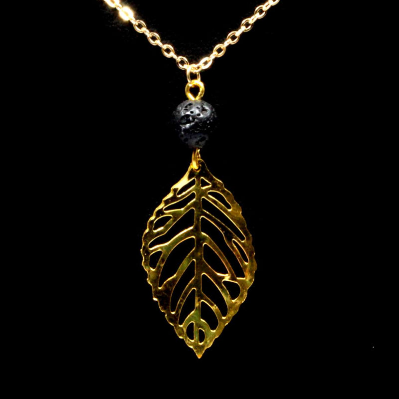 Black Lava Stone Essential Oil Diffuser Necklace & Leaf - Gold