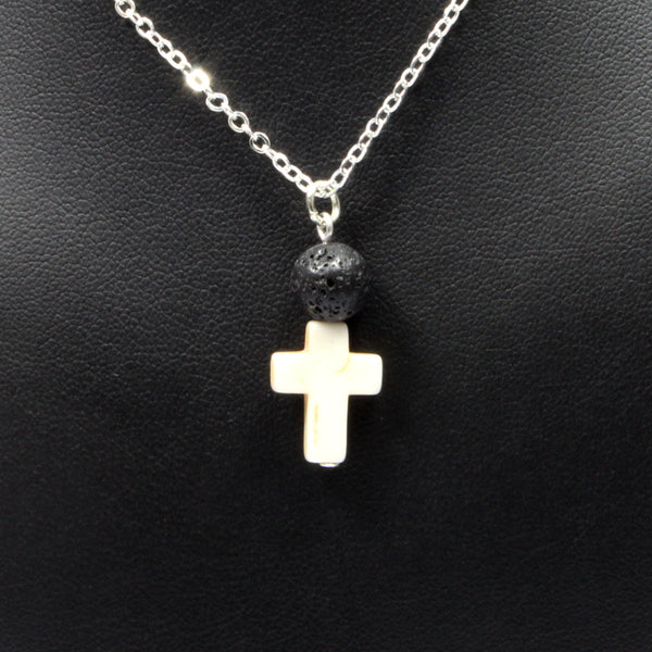 Black Lava Stone Essential Oil Diffuser Necklace & Cross - Silver